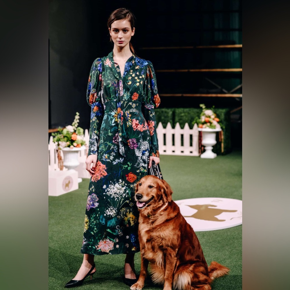 Lela Rose Runway Floral Westminster Emerald Crepe Midi Dress | Size 6